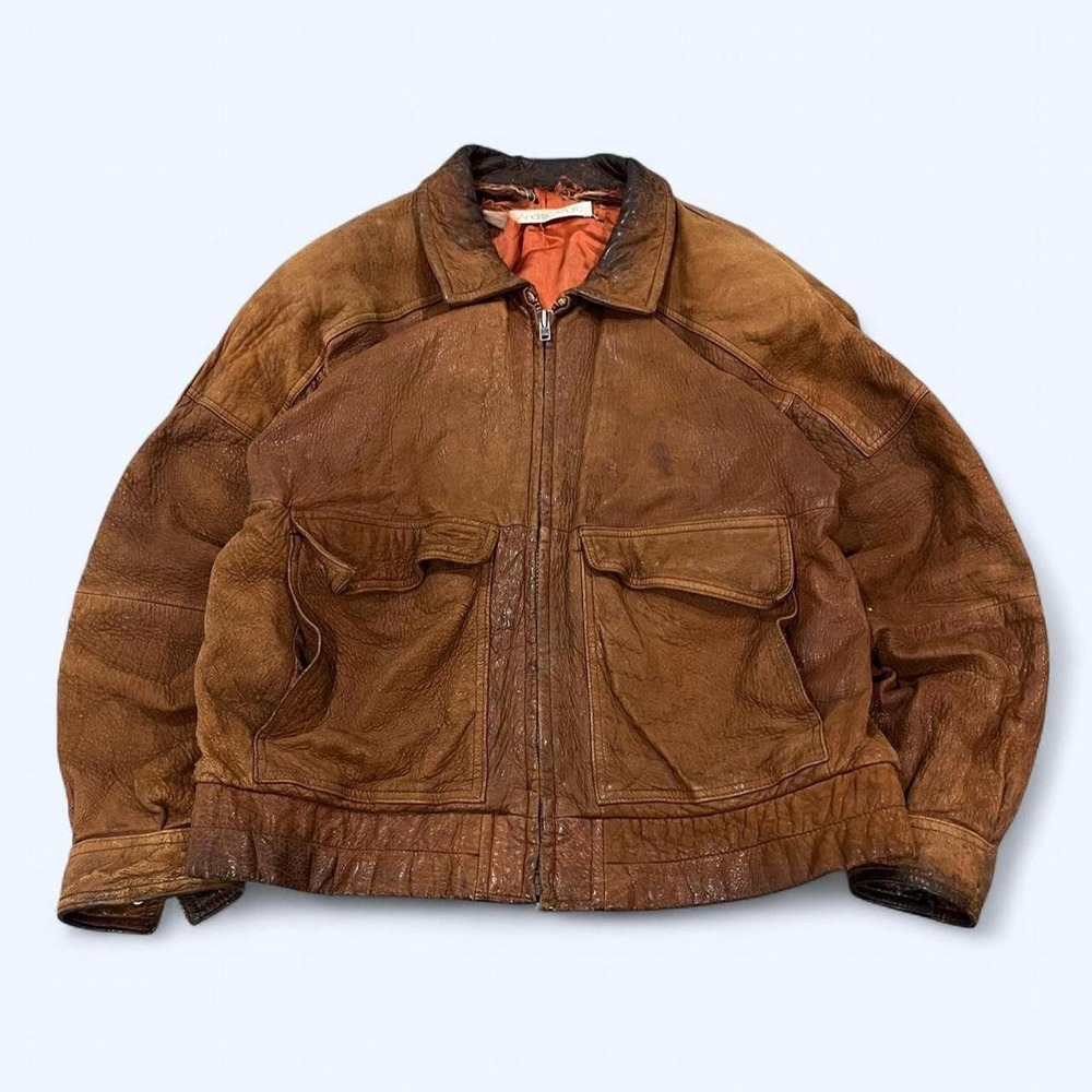 Andrew Marc Vintage Distressed Leather Bomber Jacket Brown Mens Thrashed L